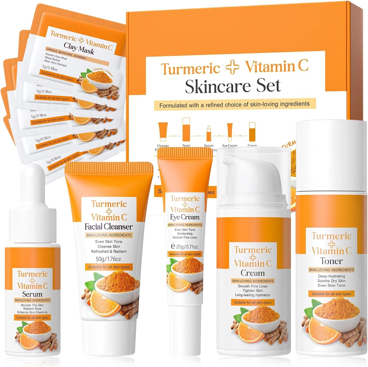 Facial Cuidado met Curcuma Vitamina C, cadeauset voor vrouwen met reiniger, toner, serum, oogcontour, vochtinbrengende crème, zuiverende kleimaskers voor alle huidtypes