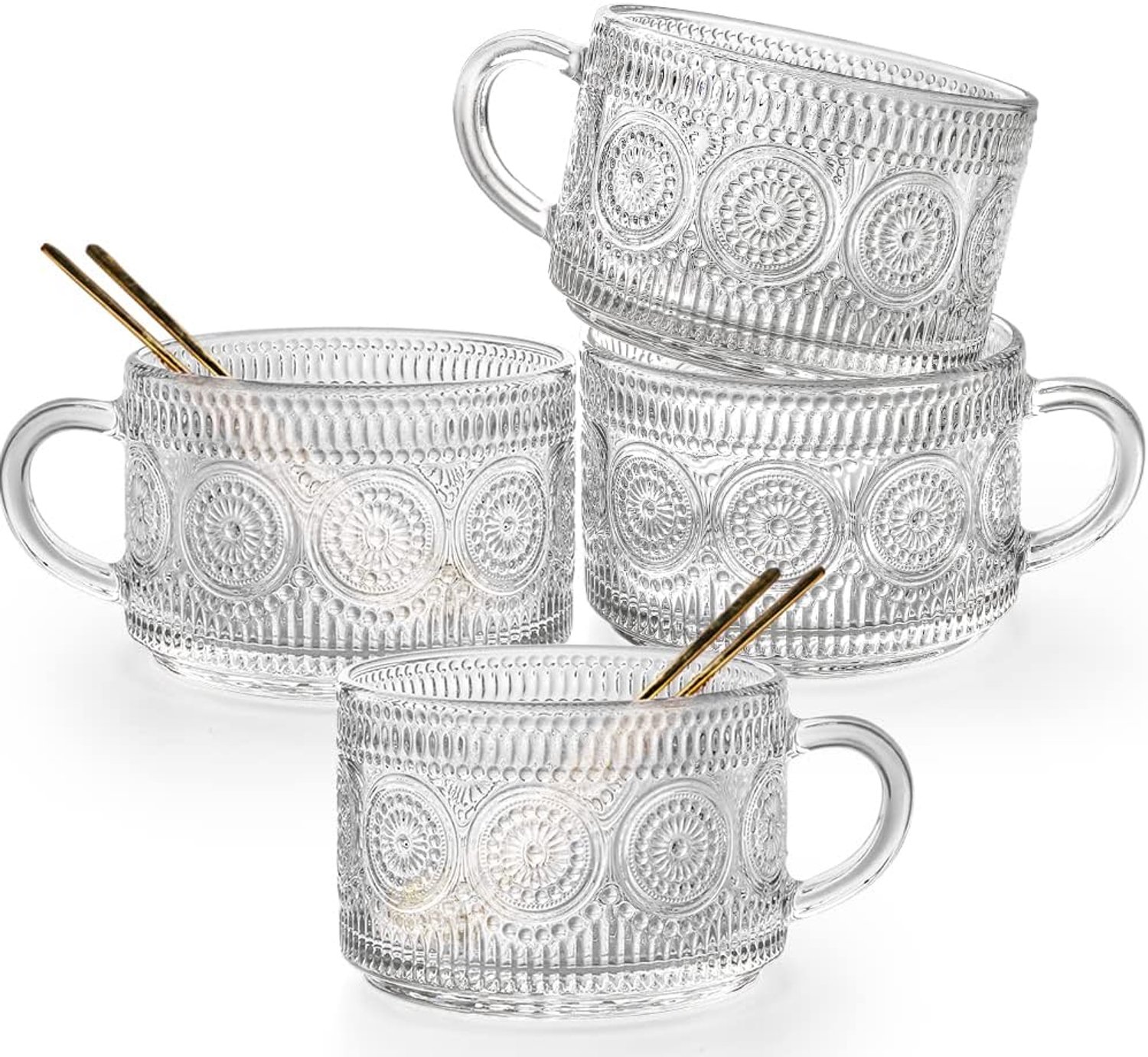 Glazen koffiemokken set van 4, 14 oz reliëf glazen koffiekopjes stapelbare koffiemokken voor granen, yoghurt, latte, heldere ontbijtbekers met handvat voor dranken (zonnebloem x 4)