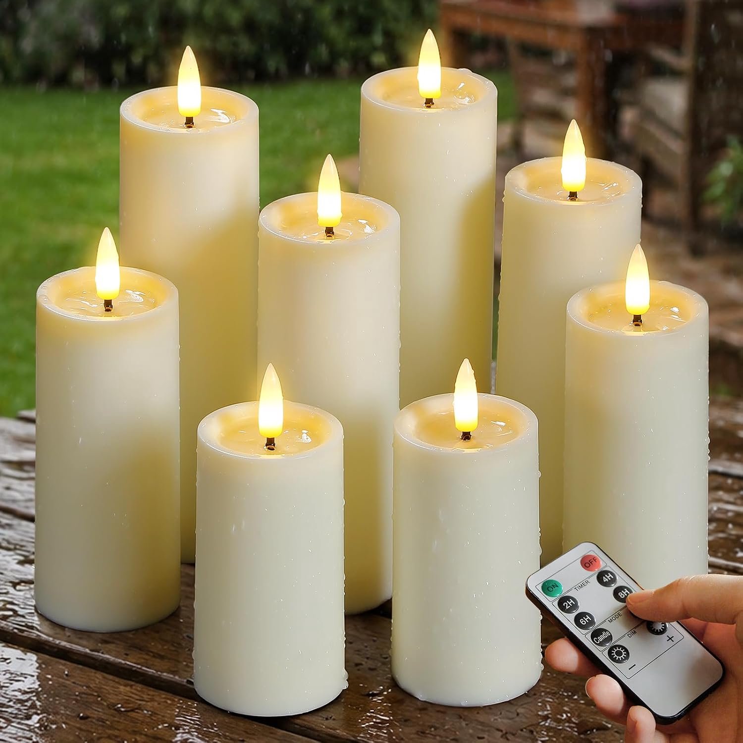 Paal LED-kaarsen wasolie, batterijgevoed vlamloos warm licht afstandsbediening timer flikkerend Ivoor buiten nep set 8 (5,5cm x 10 10 12,5 12,5 15 15 17,5 17,5cm)