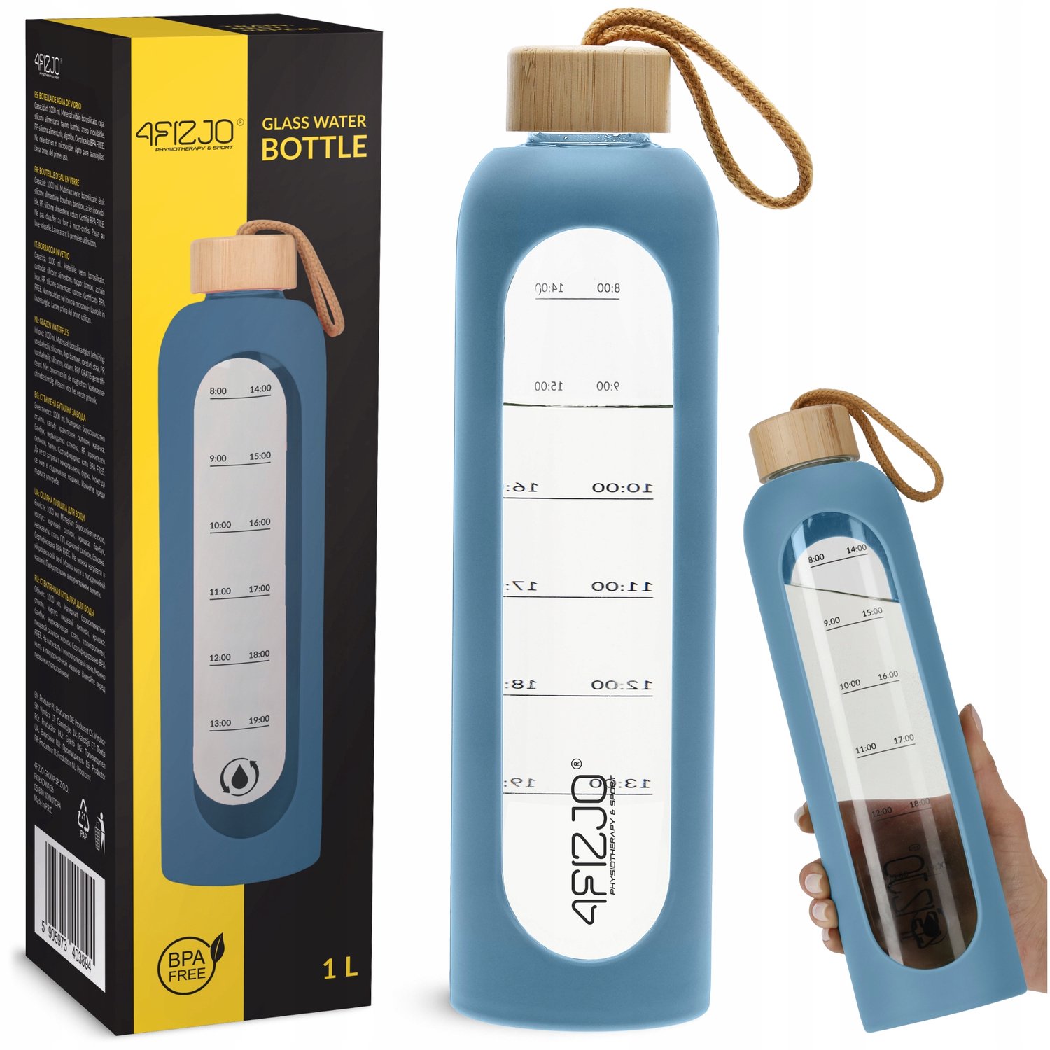 Motiverende Glazen Waterfles met Siliconen Hoes - 1000ml