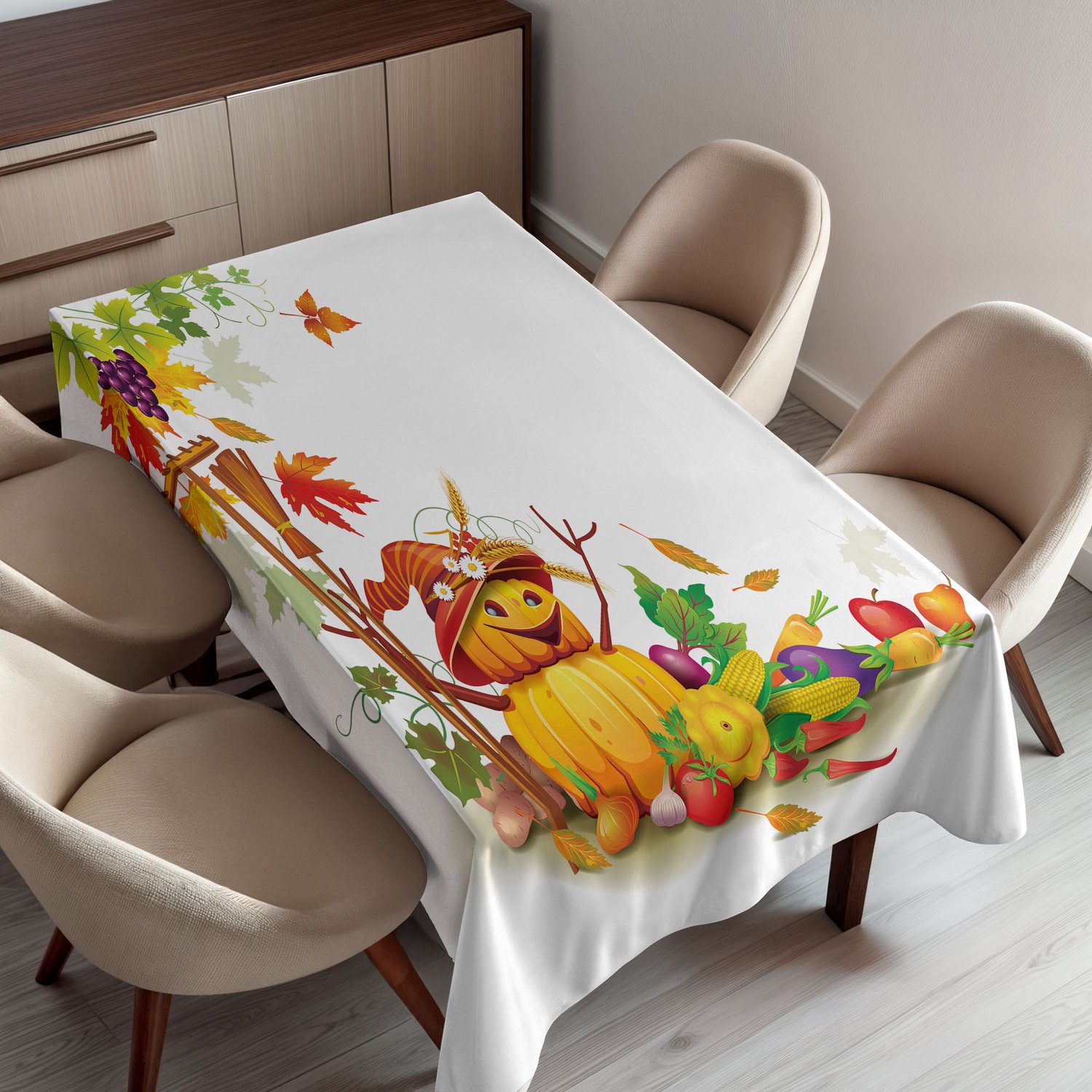 ABAKUHAUS Thanksgiving Tafelkleed, Herfstoogstthema met Diverse Voedingsmiddelen uit Landelijke Tuin en Landbouw, Rechthoekig Tafelkleed voor Eetkamer Keukendecoratie, 130 x 150 cm, Mosterd Paars