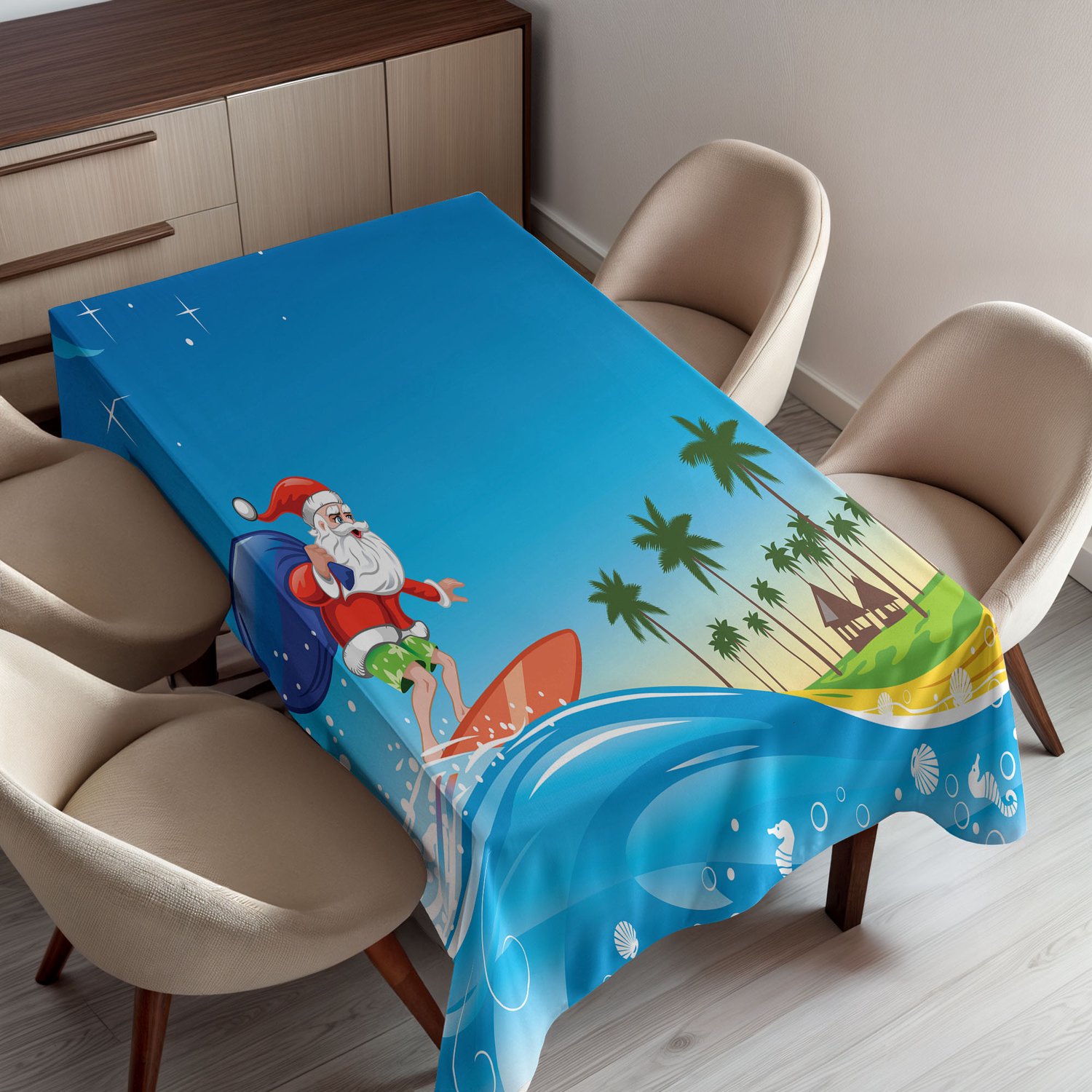 ABAKUHAUS Kerst Tafelkleed, Surfende Kerstman op een Golf met Zak aan het Strand Tropische Nacht Fantasie Cartoon, Rechthoekig Tafelkleed voor Eetkamer Keukendecoratie, 150 x 220 cm, Blauw