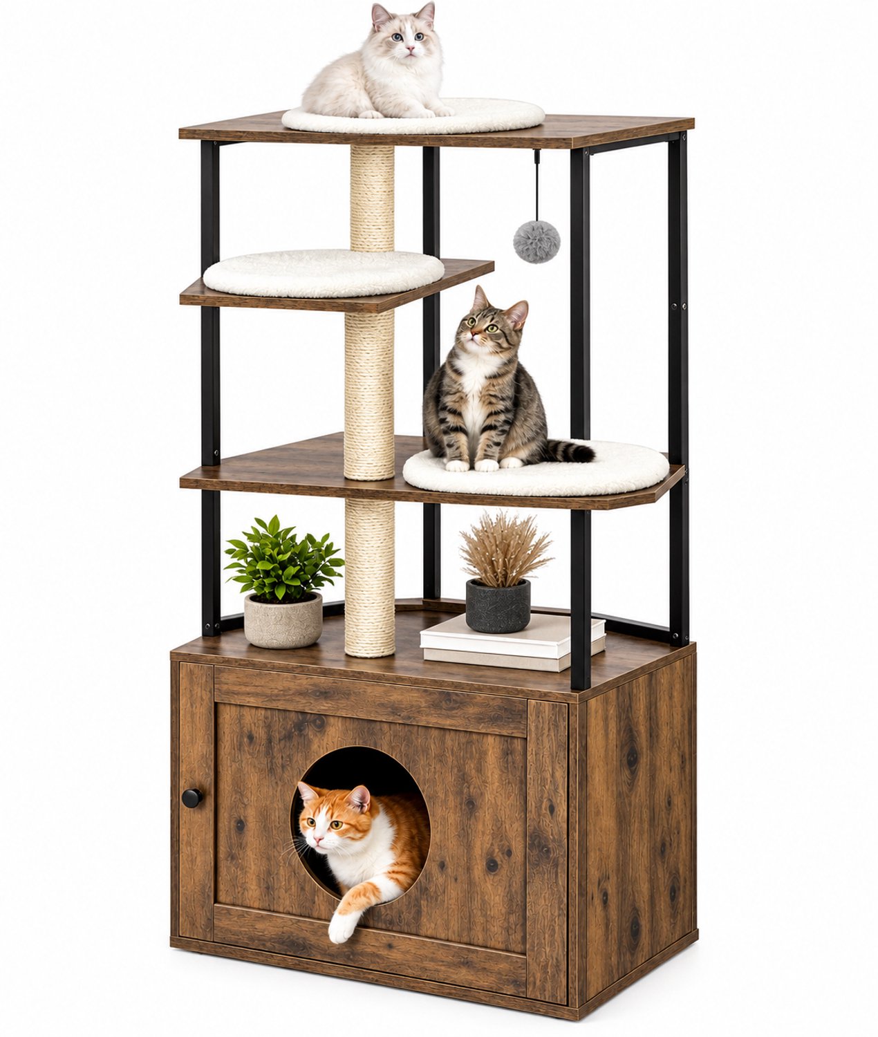 VILIMA - Krabpaal - Katten meubel - Industriële look - Voor kleinere ruimtes - 78x50x138 cm - Ruimte voor verborgen kattenbak