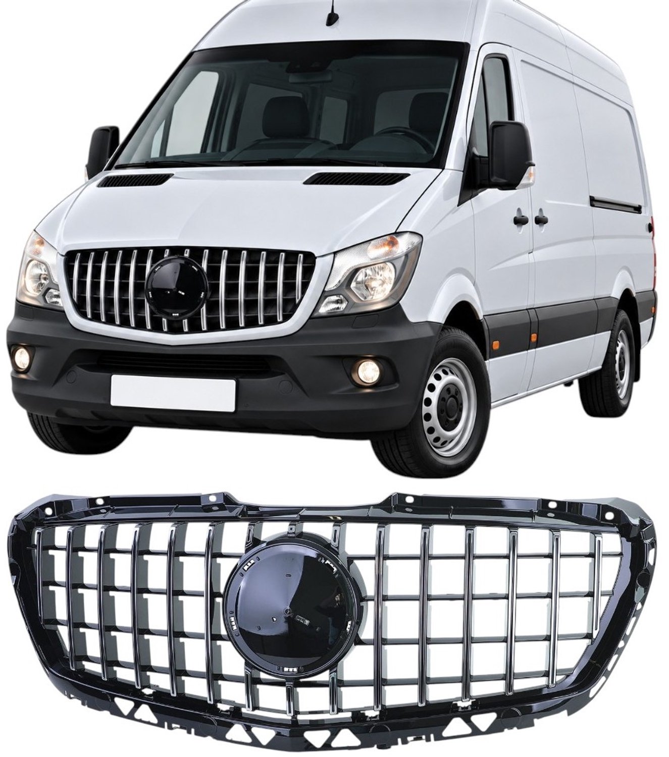 Panamericana GT Grill Geschikt voor Mercedes Sprinter W906 Facelift 2013-2018 – Hoogglans Zwart met Chroom