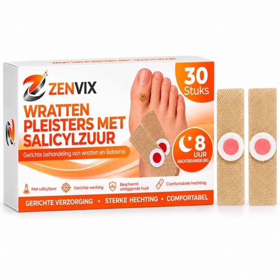 Verpakking met 30 Zenvix wrattenpleisters met salicylzuur voor nachtbehandeling. Toont een voet met een wrat en een pleister.