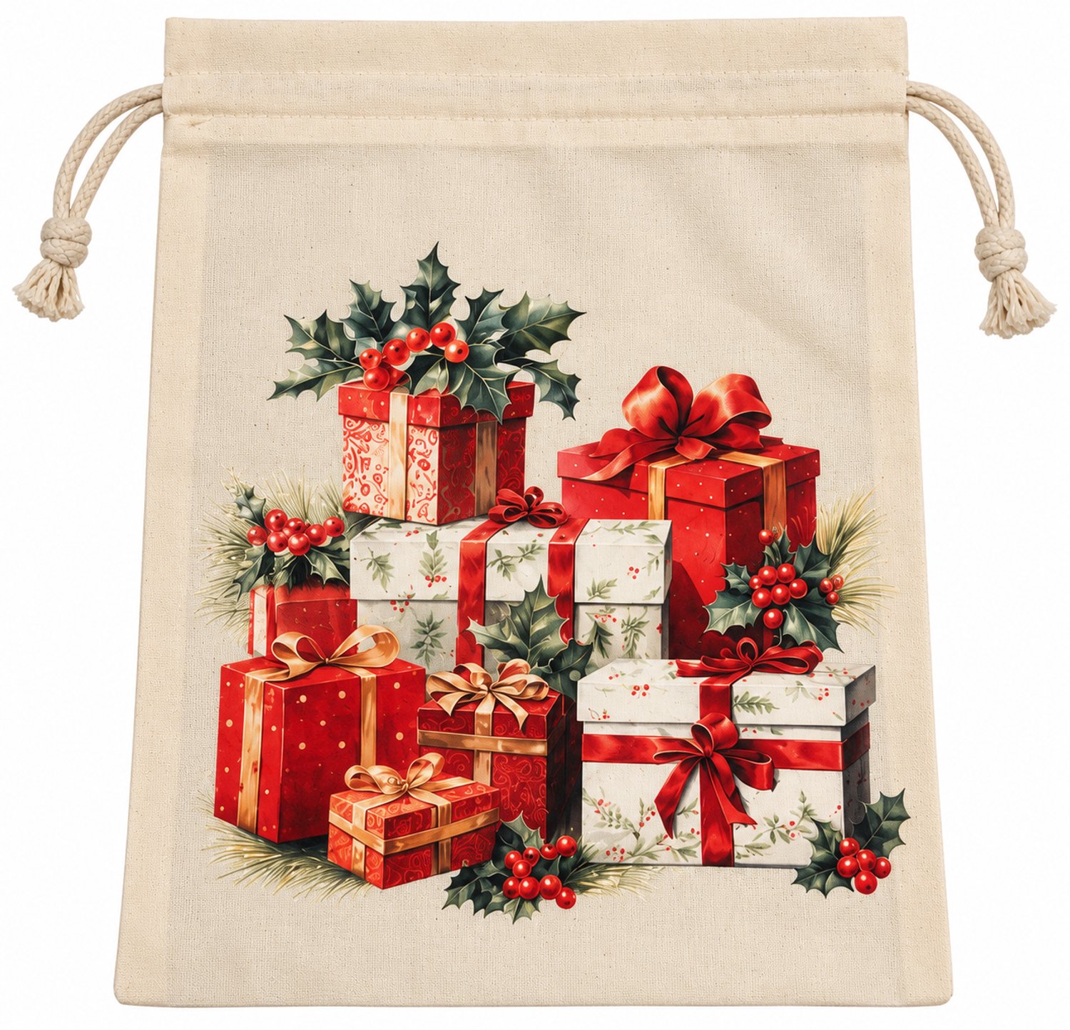Supershopper - Clayre & Eef Kerst Cadeauzakje met Trekkoord - Kerst Cadeauzakje met Trekkoord – 21 x 25 cm – Herbruikbare Kerstzak – Cadeauverpakking met Kerstcadeautjes Print – Beige/Rood – Stoffen Geschenktasje