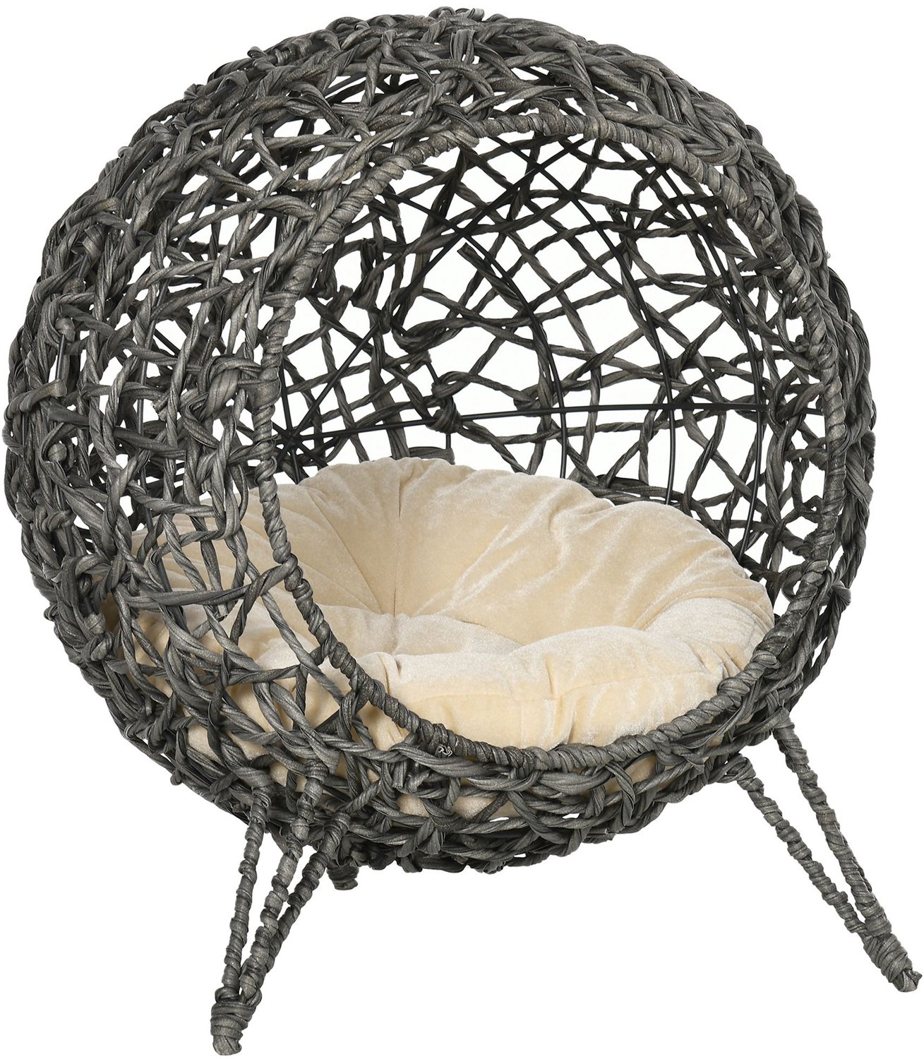 Pawona Verhoogde kattenmand van PE-rotan - Met kussen - Ø52 x 58 cm - Zilvergrijs