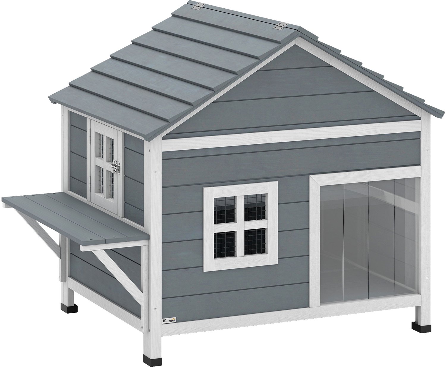 Pawona Verhoogd kattenhuis van hout - 2 etages met platform - 101 x 72,5 x 81 cm - Wit/Grijs