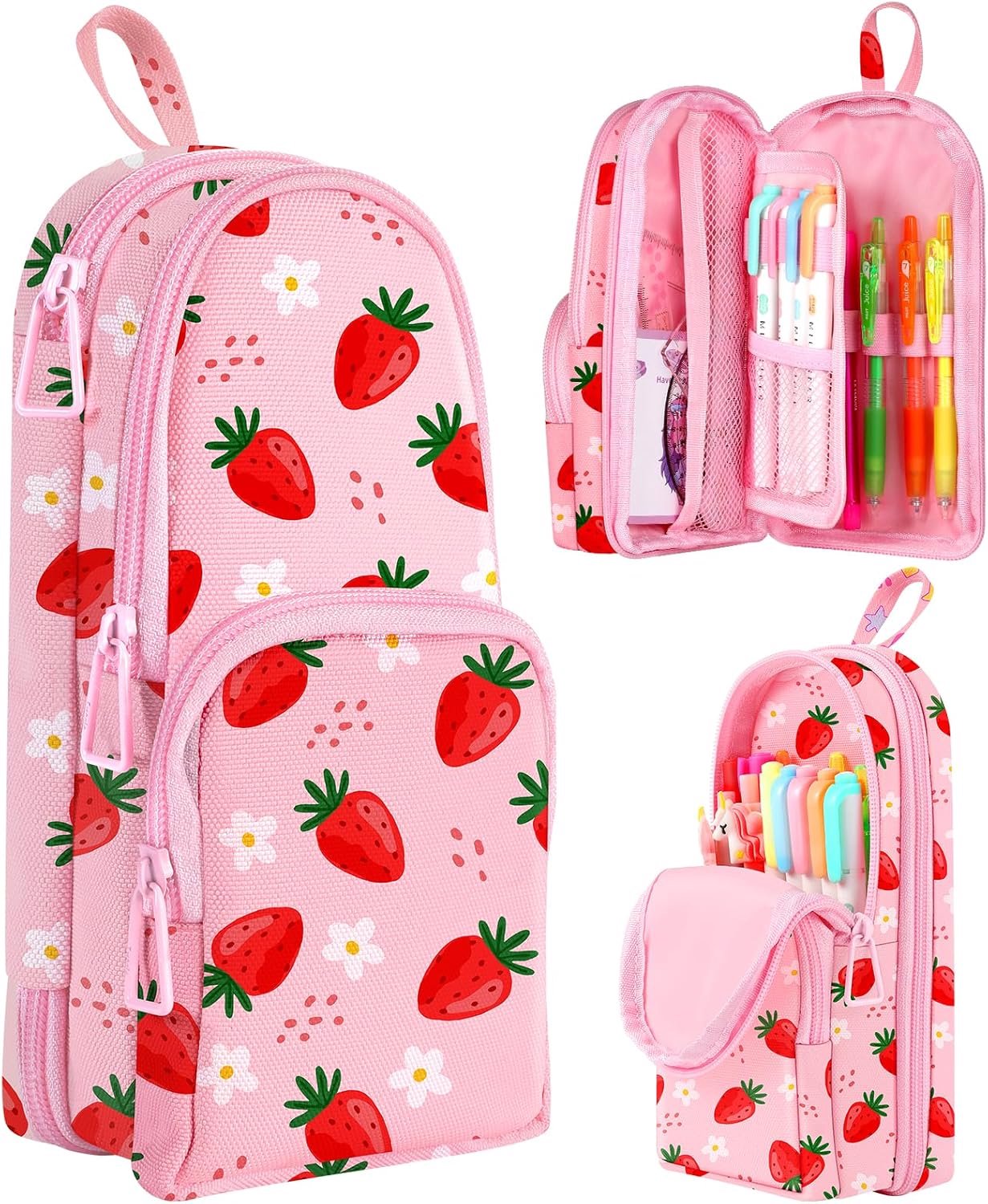 Etui, unieke esthetische 3D schooltas-vormige potlood etui voor meisjes jongens kinderen vrouwen, Roze Aardbei, Mode