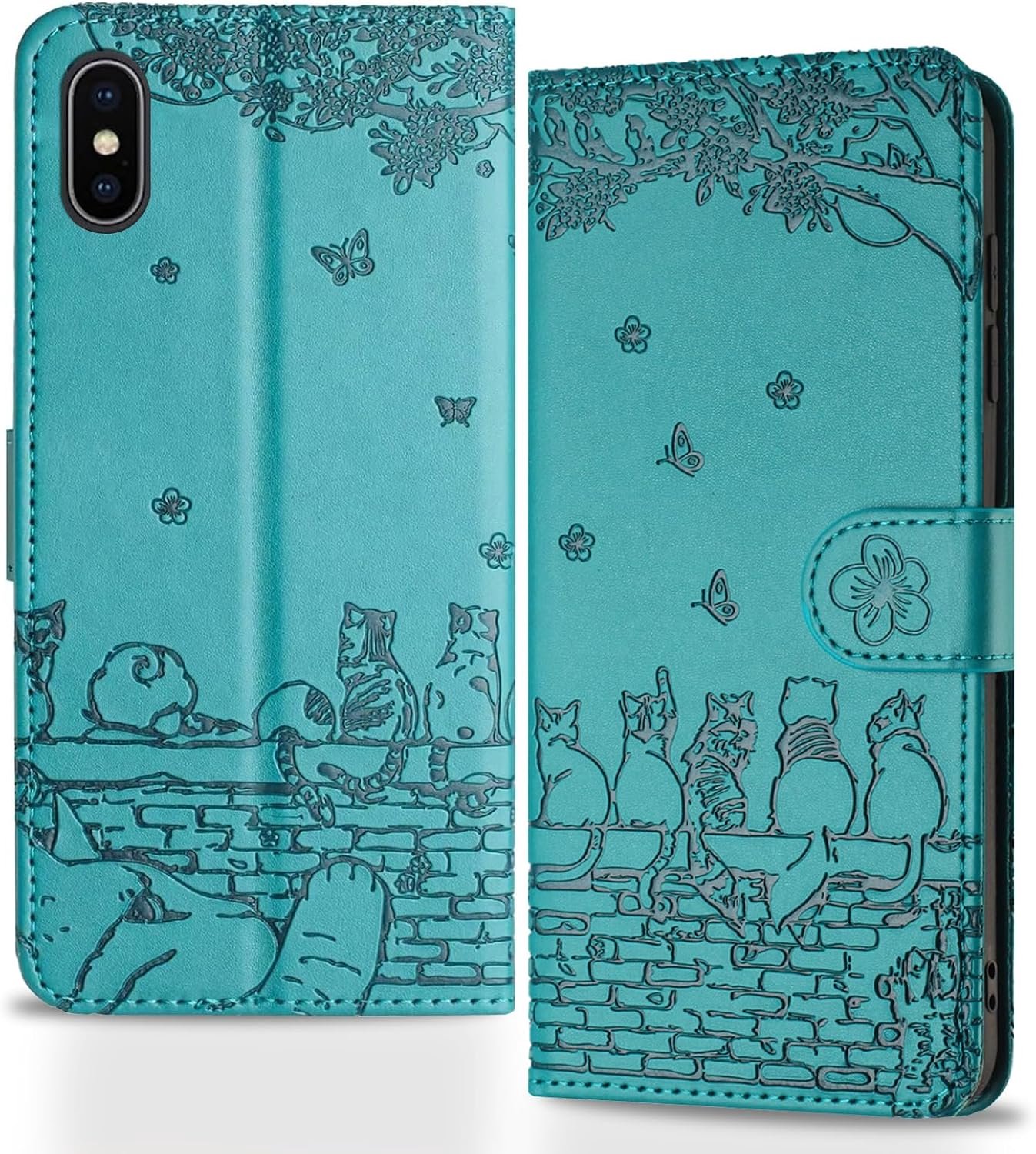 Hoes voor mobiele telefoon voor iPhone X/iPhone XS, hekkatten, inklapbaar, hoes, reliëf, PU-leer, portemonnee, beschermhoes, tas, flipcase, magnetische klaphoes met kaartenvak, standfunctie