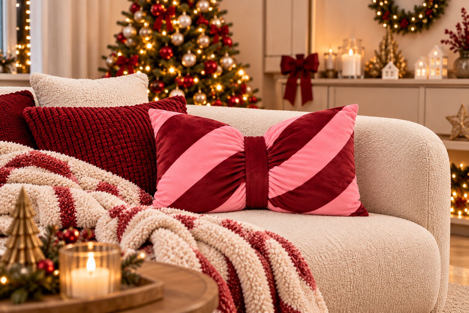 Kerst Sierkussen Strik – Roze/Bordeauxrood – Zacht Fluwelen Decoratiekussen – Candy Cane Design – Kerstkussen voor Bank en Bed – Kerstdecoratie – foto 2
