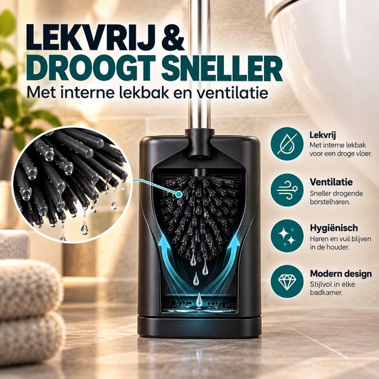 Zwarte toiletborstel met druppels en ventilatie, staand in een zwarte lekvrije houder met interne lekbak en ventilatie. Hygiene en modern design.