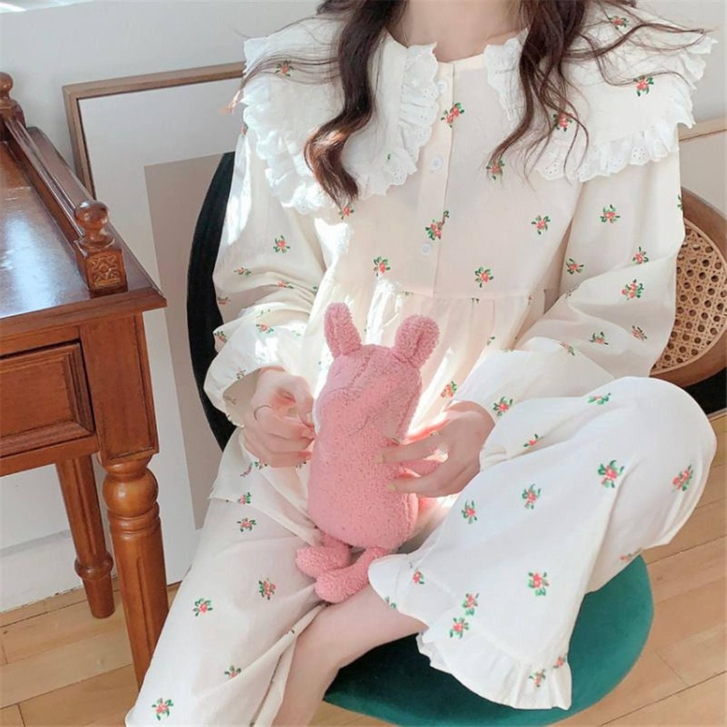 Pyjamaset Met Revers Voor Dames - Lente Elegant En Zoet Gebloemd Kant Temperament Homewear Met Lange Mouwen, Minimalistisch Vrije Tijd Nachtkleding Teder Populair Ademend Slaapshirt Zustersoutfit