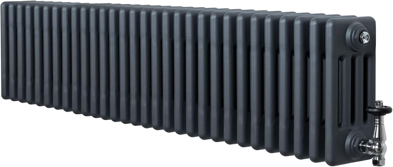 Radiator & Thermostaatkraan, 4-Kolom, 300 x 1370 mm Modern Centrale Verwarming Matt Antracietgrijs Koolstofstaal Wandgemonteerd Keuken Woonkamer Badkamer Reinigingsborstel Bevestigingskit