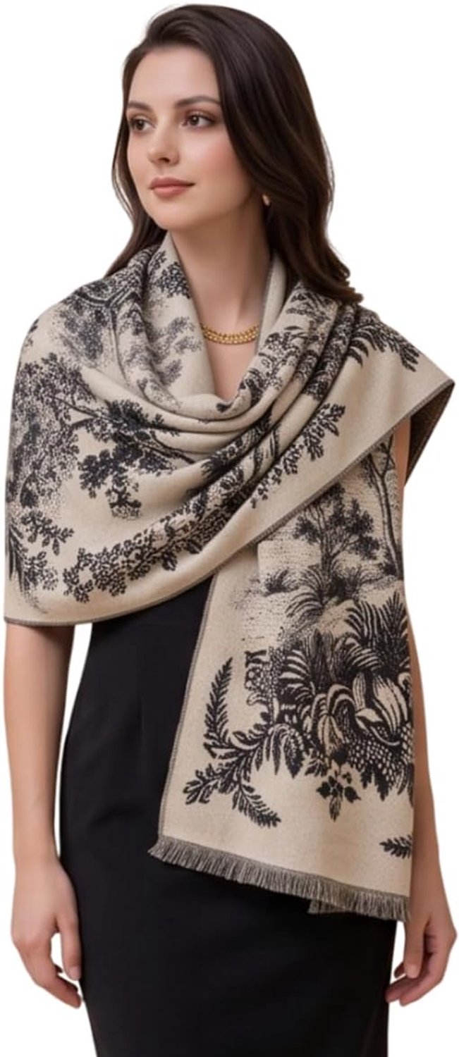 Sjaal voor dames, beige, zwart, extra soepel, zacht, dun, 185 x 65 cm, kasjmiersjaal, elegant, klassieke stijl, damessjaal, winter, lente, B25