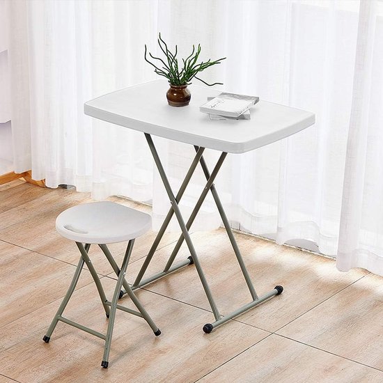Compacte bijzettafel, in hoogte verstelbaar, 76 x 50 x 48/61/74 cm, kleine bijzettafel, wit, materiaal: HDPE, tuintafel voor binnen of buiten (wit, 76 x 50 x 74 cm) — afbeelding 2