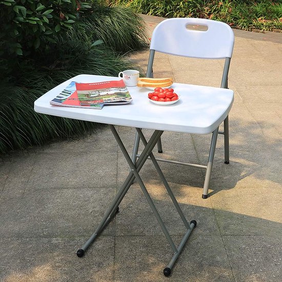 Compacte bijzettafel, in hoogte verstelbaar, 76 x 50 x 48/61/74 cm, kleine bijzettafel, wit, materiaal: HDPE, tuintafel voor binnen of buiten (wit, 76 x 50 x 74 cm) — afbeelding 4