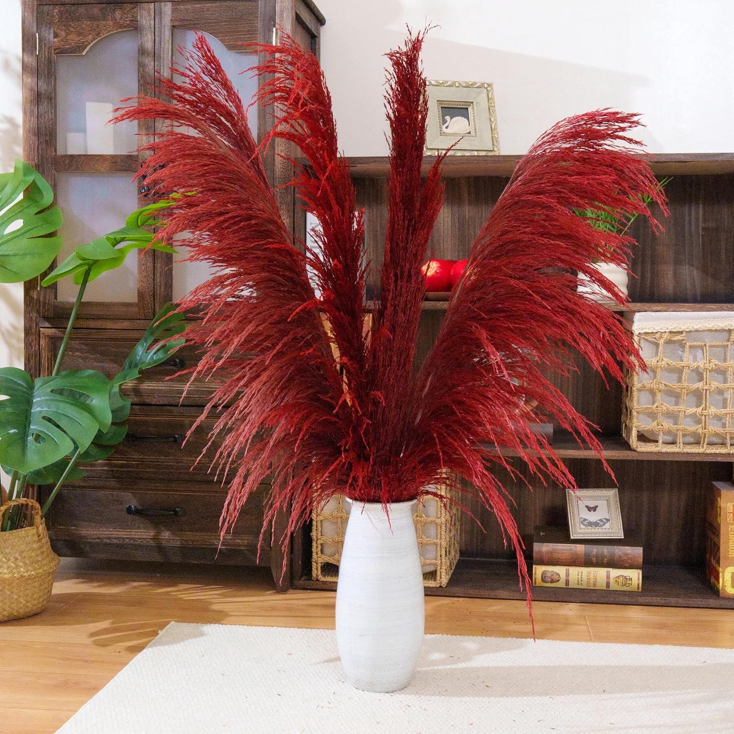 Rode pampasgras decoratie, 6 stuks 110 cm groot natuurlijk gedroogd gekleurd pampasgras, rode pampasbloem met gedroogde bloemenaroma, rode gedroogde plant voor woonkamer