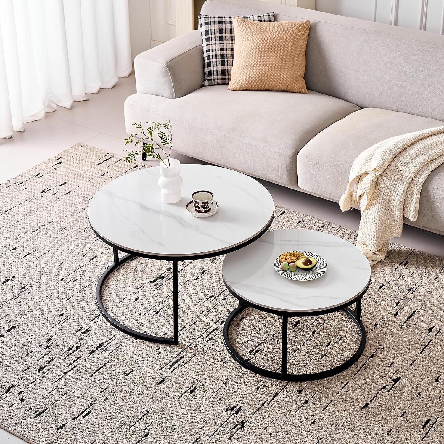 Set van 2 nestende salontafels met keramisch stenen blad, ronde salontafel, geschikt voor woonkamer, slaapkamer, kantoor en balkon (wit/zwart), 70 x 70 x 45 cm + 50 x 50 x 35 cm