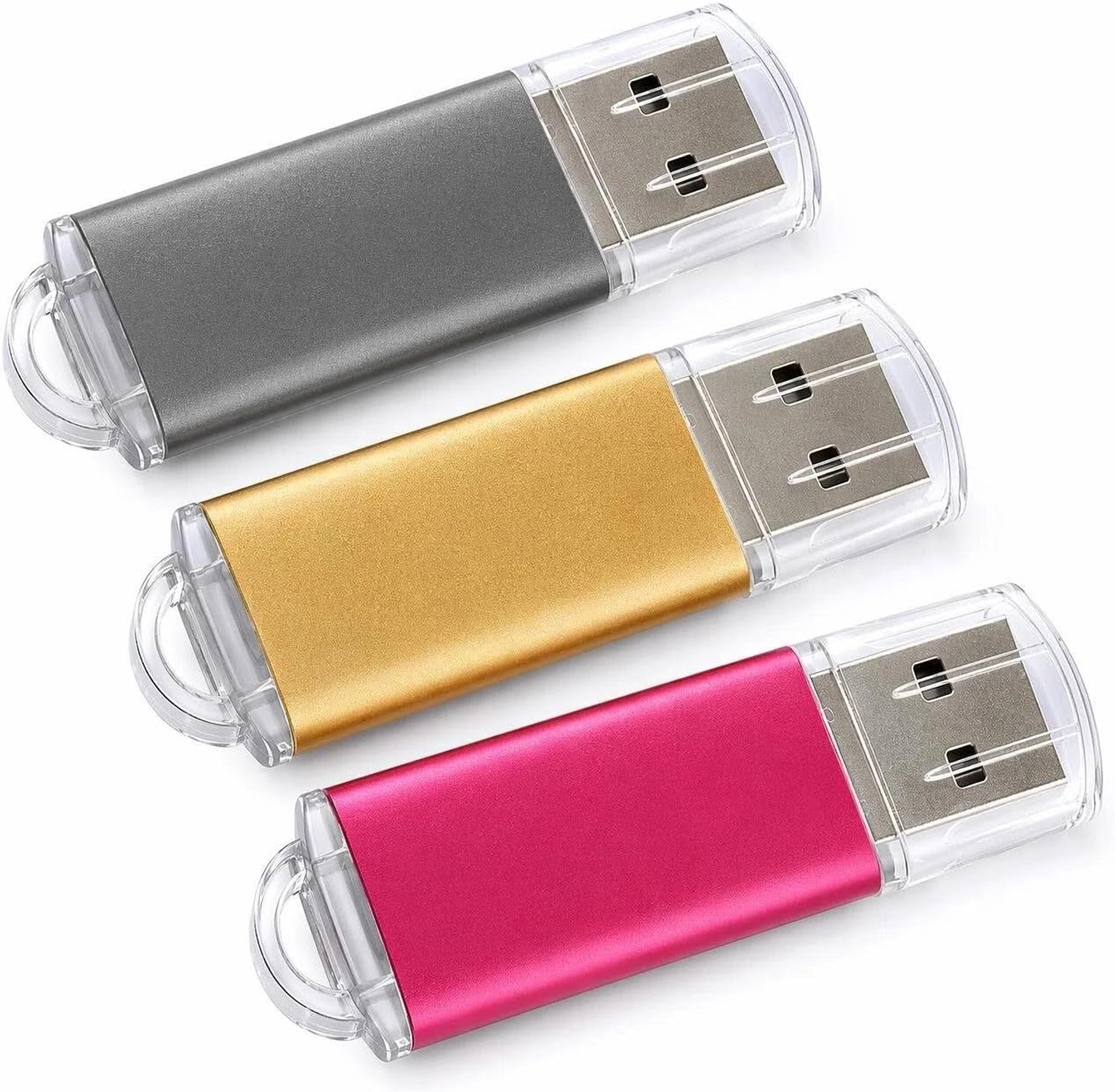 3 stuks USB-sticks, 2 GB, High Speed USB 2.0 geheugenstick, 2 GB, met led-display voor pc/laptop/autoradio/tv (rozerood, goud, grijs)