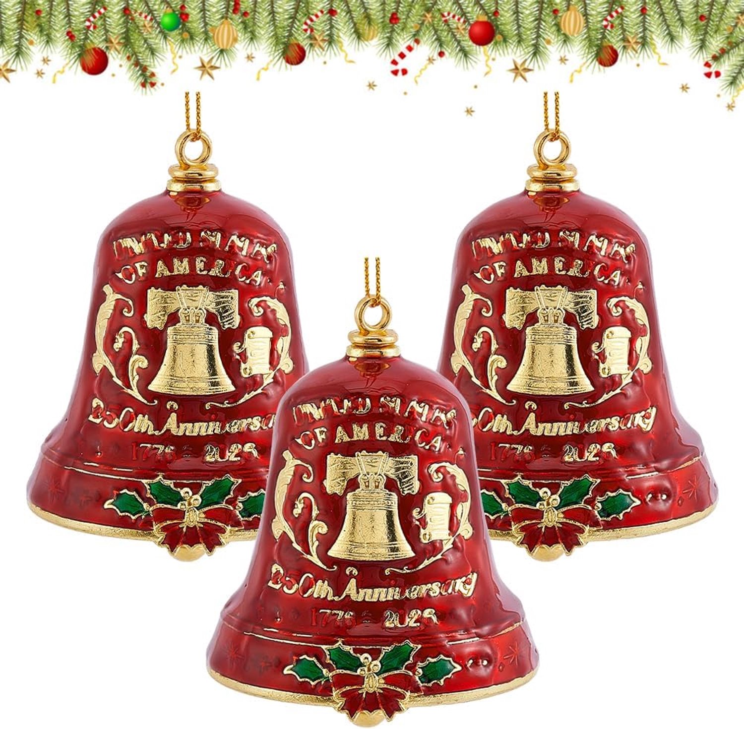 3 Sets VS 250e verjaardag bel ornament legering rode verjaardag bel ornament Verenigde Staten 250e kerst klokken set met datum voor kerstboom tuin woondecoratie aandenken geschenk