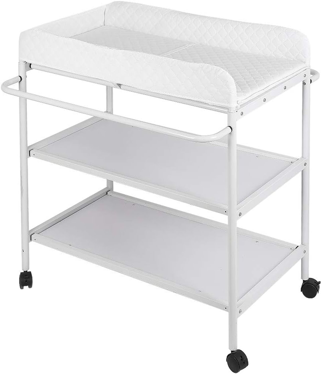 Opvouwbare en draagbare luiertafel, met opbergruimte, veiligheidsgordel, ruimtebesparend en stabiel, luiertafel, commode + 2 planken, wielen, (84 x 72 x 90 cm, wit)