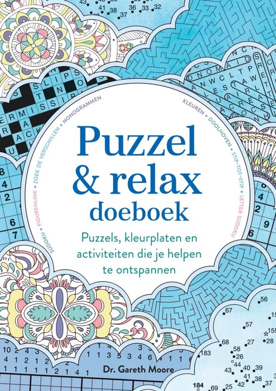 Kleurrijk Puzzel & relax doeboek met mandala's, sudoku's en doolhoven in blauwe tinten.