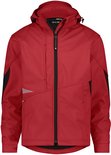 Rode softshell jas met capuchon, ritssluiting, grijze accenten op de mouwen en zijkanten met reflecterende details.