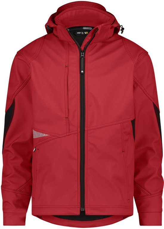 Rode softshell jas met capuchon, ritssluiting, grijze accenten op de mouwen en zijkanten met reflecterende details.