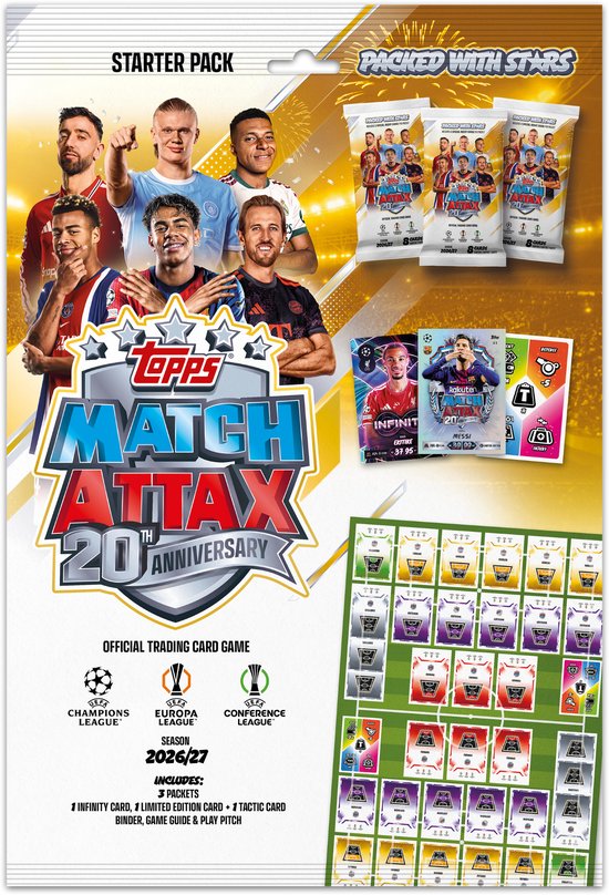 Pack de démarrage Topps Match Attax 20e anniversaire avec cartes de football, classeur, terrain et 3 paquets de cartes.