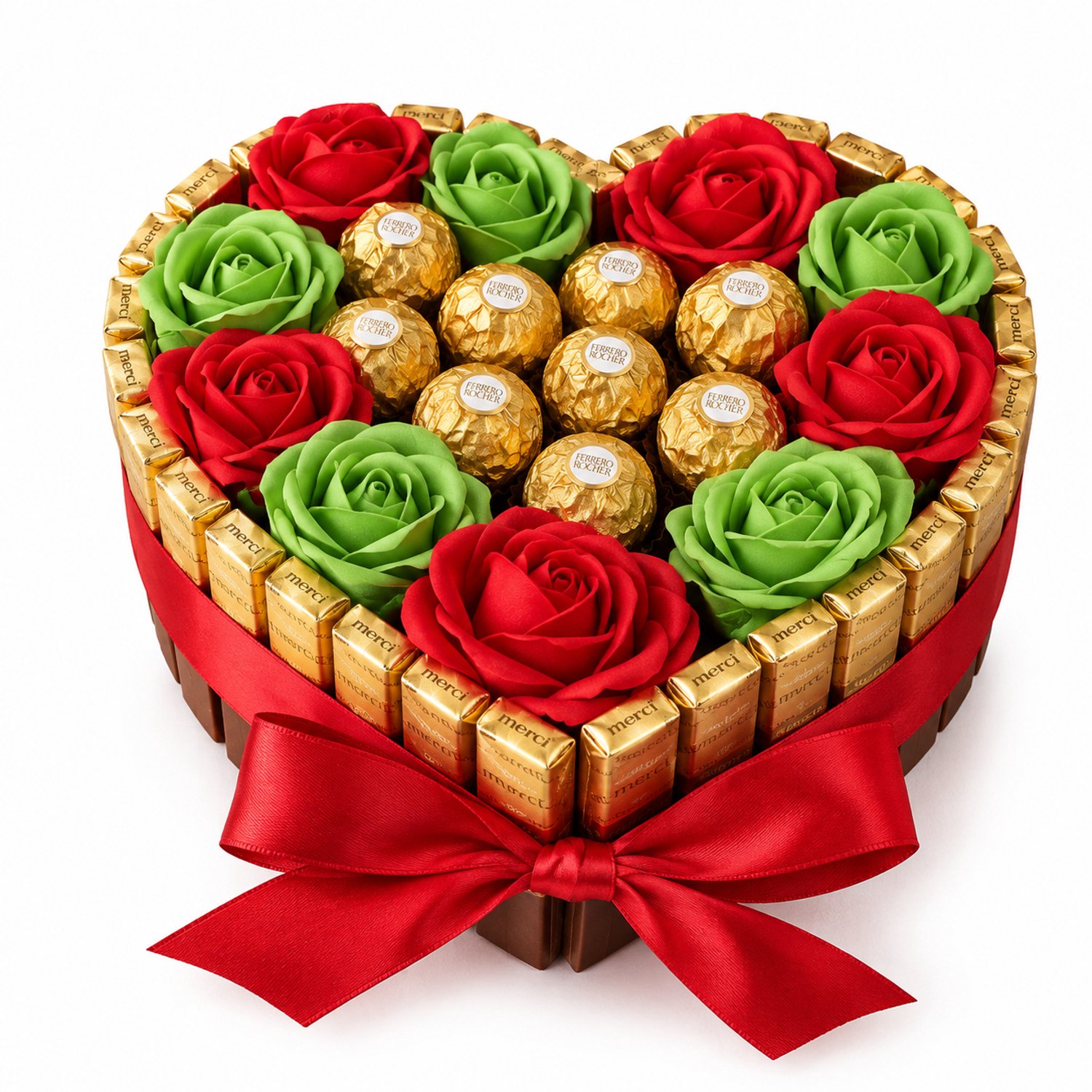 Nina's Giftshop® Chocolade Hart met Ferrero Rocher & Merci – Rode en Groene Rozen – Handgemaakt Cadeau – Kerst – Sinterklaas – Valentijn