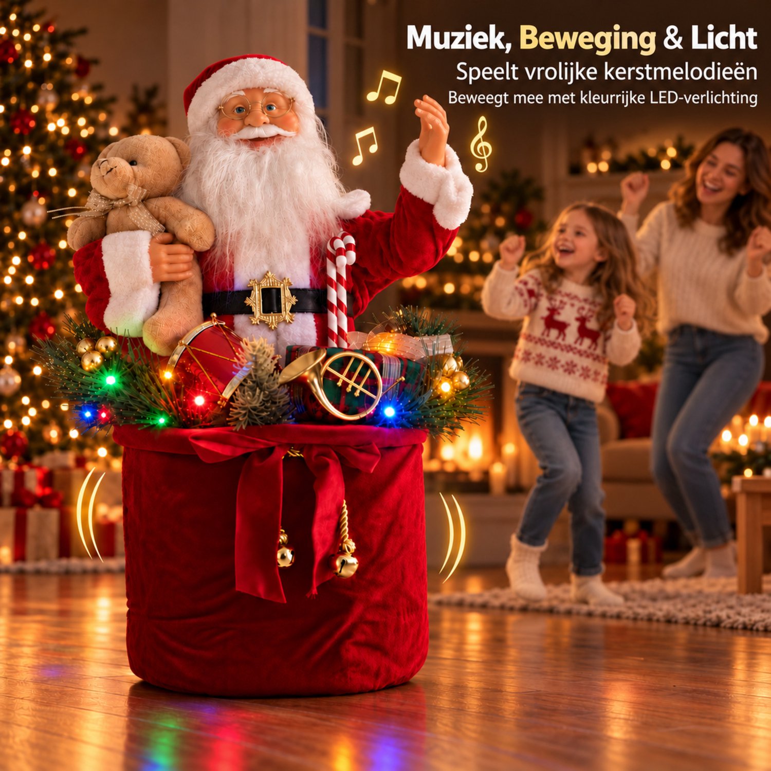 EasyMart Kerstman Decoratie 60 cm - Kerstdecoratie - Dansende Kerstman Pop met Muziek en LED-Verlichting - Op Batterijen - Kerstversiering voor Binnen – foto 4