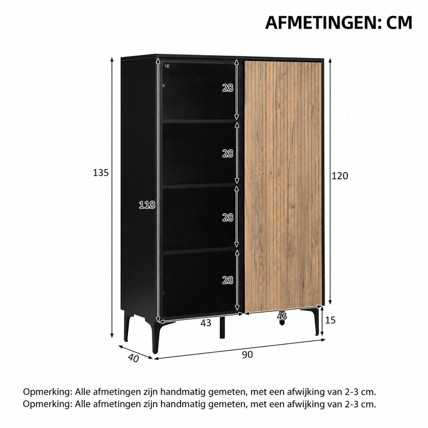 Hoge Vitrinekast Met Twee Deuren - Zwart Houtkleurige Kast - Glazen Deur - RGB-ledverlichting Met Bluetooth-app - 90 x 40 x 135 cm - Woonkamer