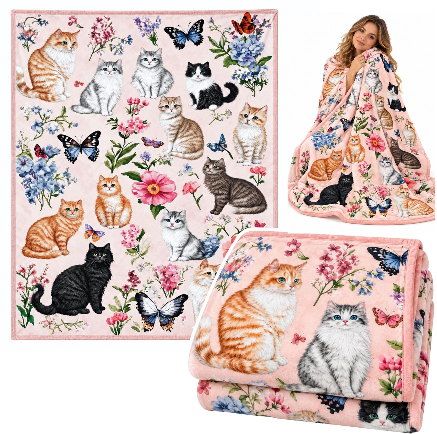 Deken met katten en bloemen en vlindersmotief Zacht Decoratief 150 X 100 Cm