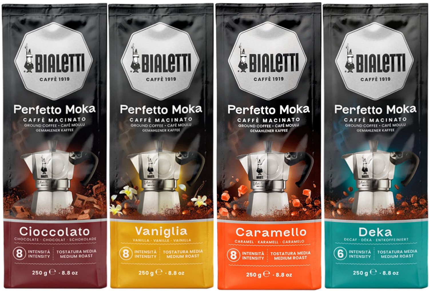 Bialetti Perfetto Moka Deka Caramello Vaniglia Cioccolato - Mixverpakking - Gemalen Koffie - 1000g (4x250g)