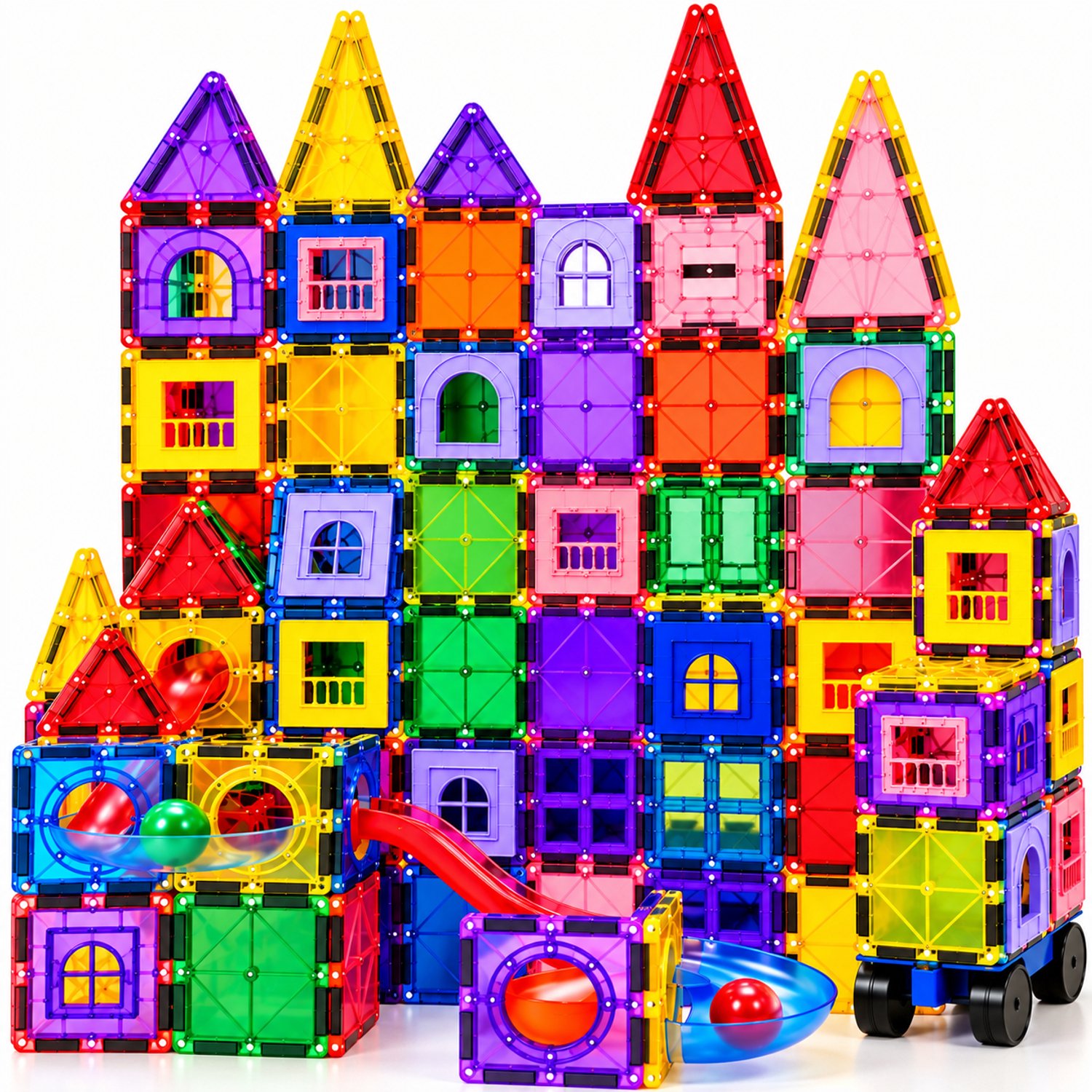 By Baboo® Magnetic Tiles 150 Stuks + Knikkerbaan + Auto + 100 Bouwopdrachten - Magnetische Tegels Blokken Speelgoed Cadeau Jongens Meisjes Constructie - Montessori Educatief Kinderspeelgoed 3 Jaar, 4 jaar, 5 jaar, 6 jaar, 7 jaar, 8 jaar, 9 jaar