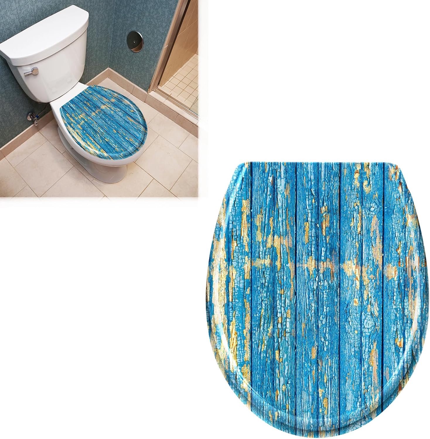 Wc-bril van hard plastic, universeel toiletdeksel met softclosemechanisme, voor alle gangbare toiletpotten, blauwe planken