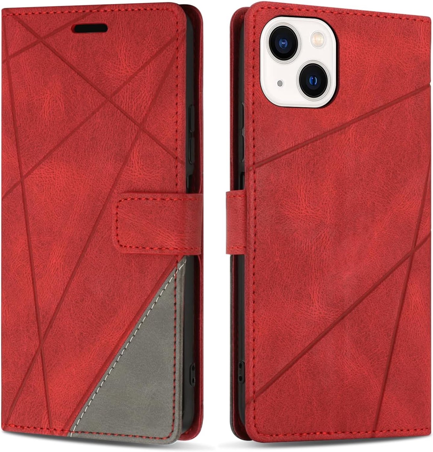 Hoesje voor iPhone 14, Premium Lederen Portemonnee Beschermhoes Telefoonhoesjes met Kaartenvakken Beschermhoesje voor iPhone 14, Rood