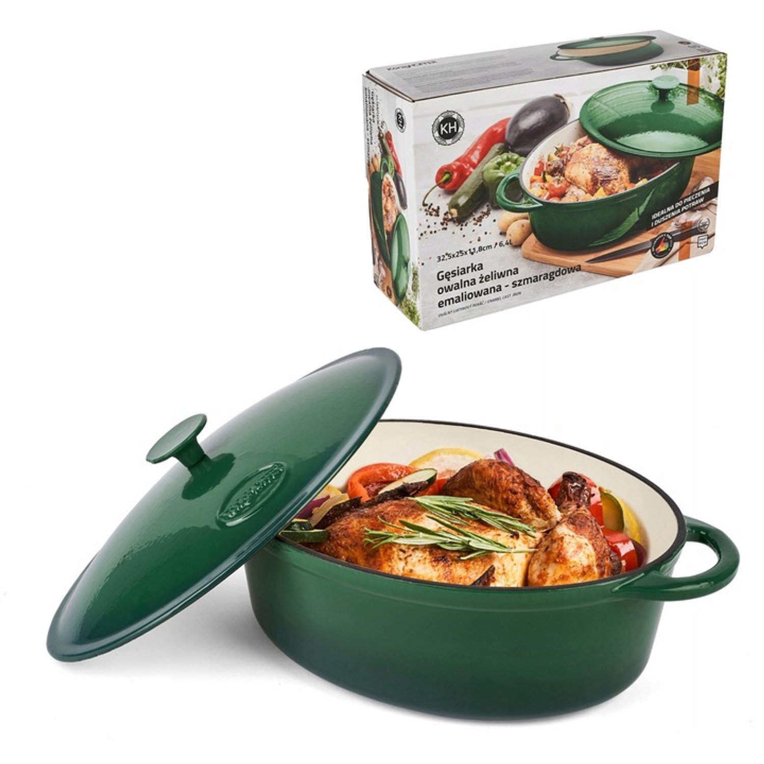 Grote Gietijzeren Braadpan met Emaille, 6.4L, Inductie, Smaragdgroen