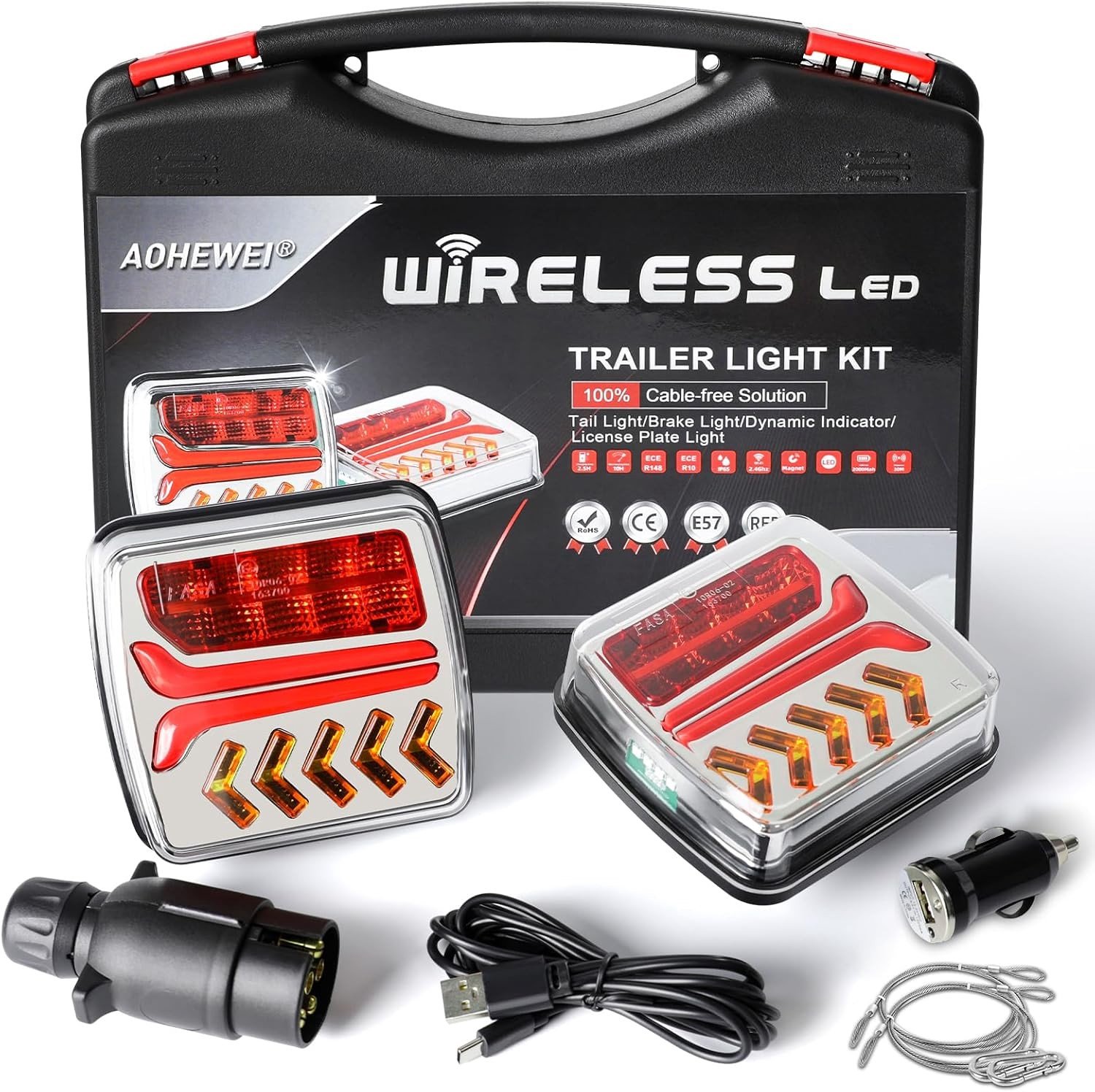 Draadloze LED Achterlichten voor Aanhangwagens met Magnetische Bevestiging en 7-Pins Stekker, Geschikt voor Vrachtwagens, Caravans en Trailers, ECE Goedkeuring 12V