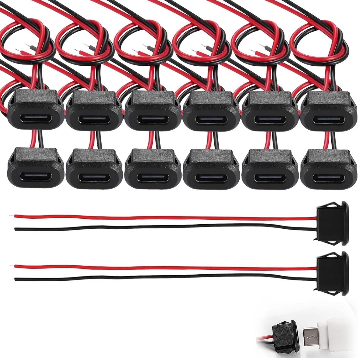 Set van 12 Waterdichte USB-C Connectoren, 2-Pin, 3A, Geschikt voor Extensie, Klikgroef Bevestiging, Plat Zwart, Ideaal voor Elektronische Projecten en Accessoires