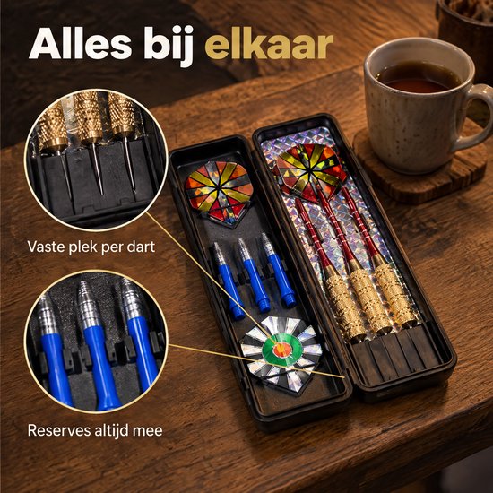 Cheqo® Dartpijlen Set van 3 - Steeltip Darts - Brass Darts met Gekartelde Grip - Complete Dartset met Opbergdoos - Inclusief 6 Flights - 3 Extra Shafts - Pijlen voor Sisal Dartbord - Darten voor Beginners en Hobbyspelers van Cheqo® — afbeelding 5