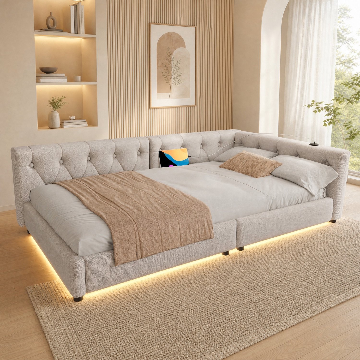 CHICFURN Slaapbank 90 x 200 cm - Lattenbodem - LED-verlichting - USB en Type-C - Beige