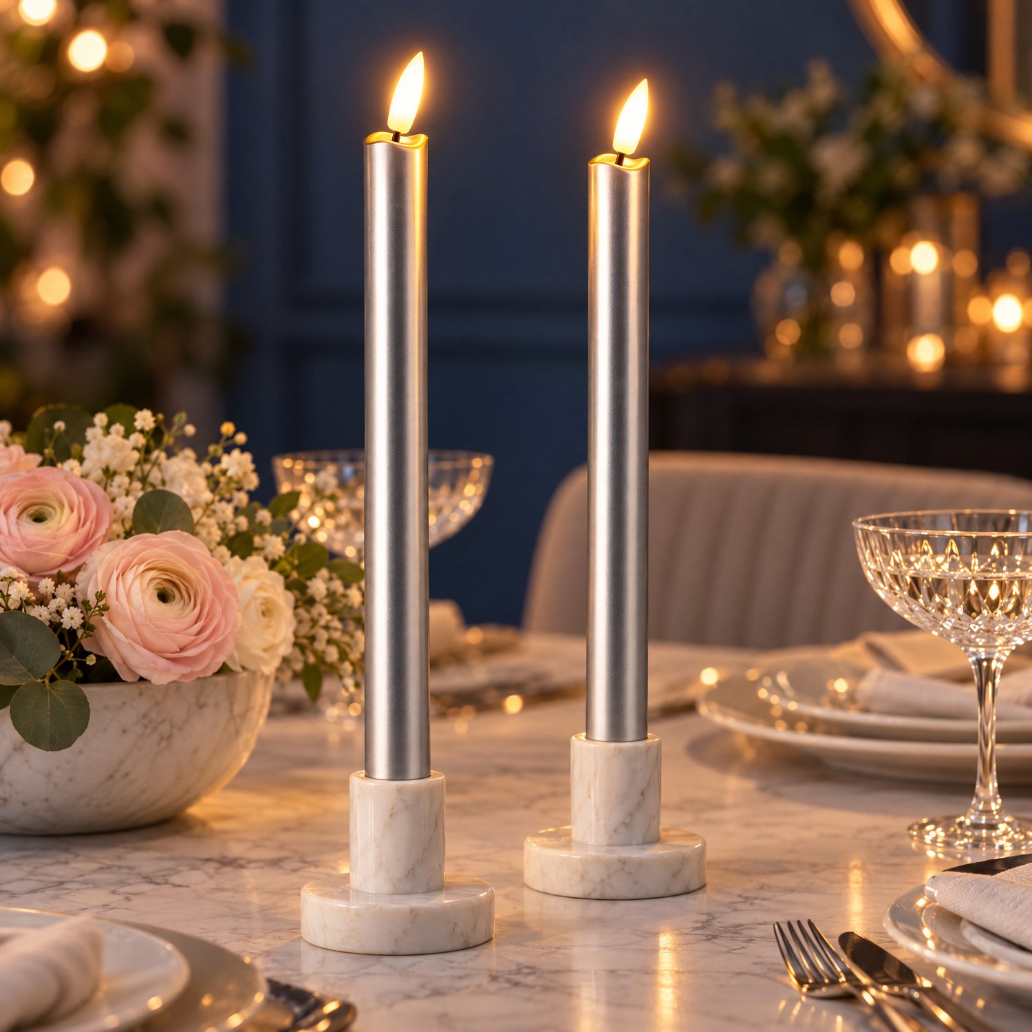 Cheqo LED Dinerkaarsen Zilver Set van 2 - LED Kaarsen op Batterijen met Afstandsbediening en Timer - Nepkaarsen met Flikkerende Vlam - Tafelkaarsen - Kandelaarkaarsen - Sfeerkaarsen - Tafeldecoratie - Kerstdecoratie - Sfeerverlichting