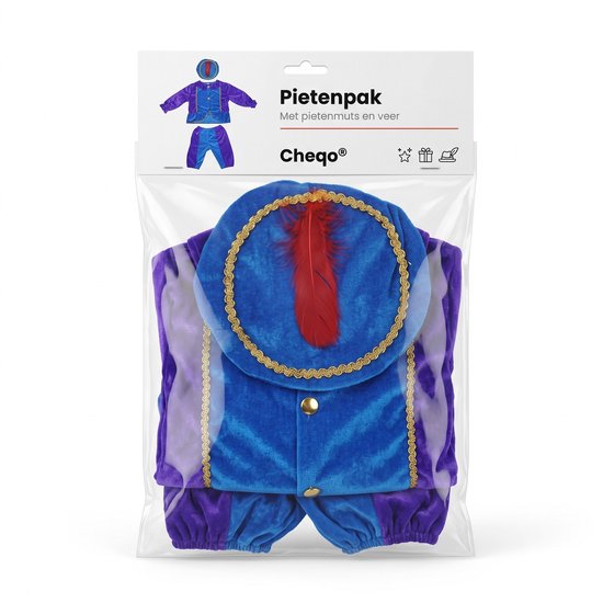 Verpakking van het Cheqo pietenpak met jasje, pofbroek en muts met rode veer.