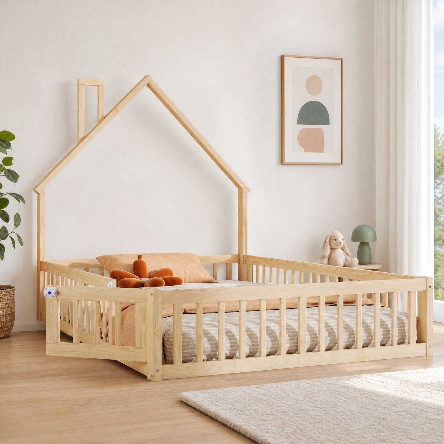 CHICFURN Huisbed Kinderbed 140 x 200 cm - Lattenbodem - Veiligheidshek - Naturel