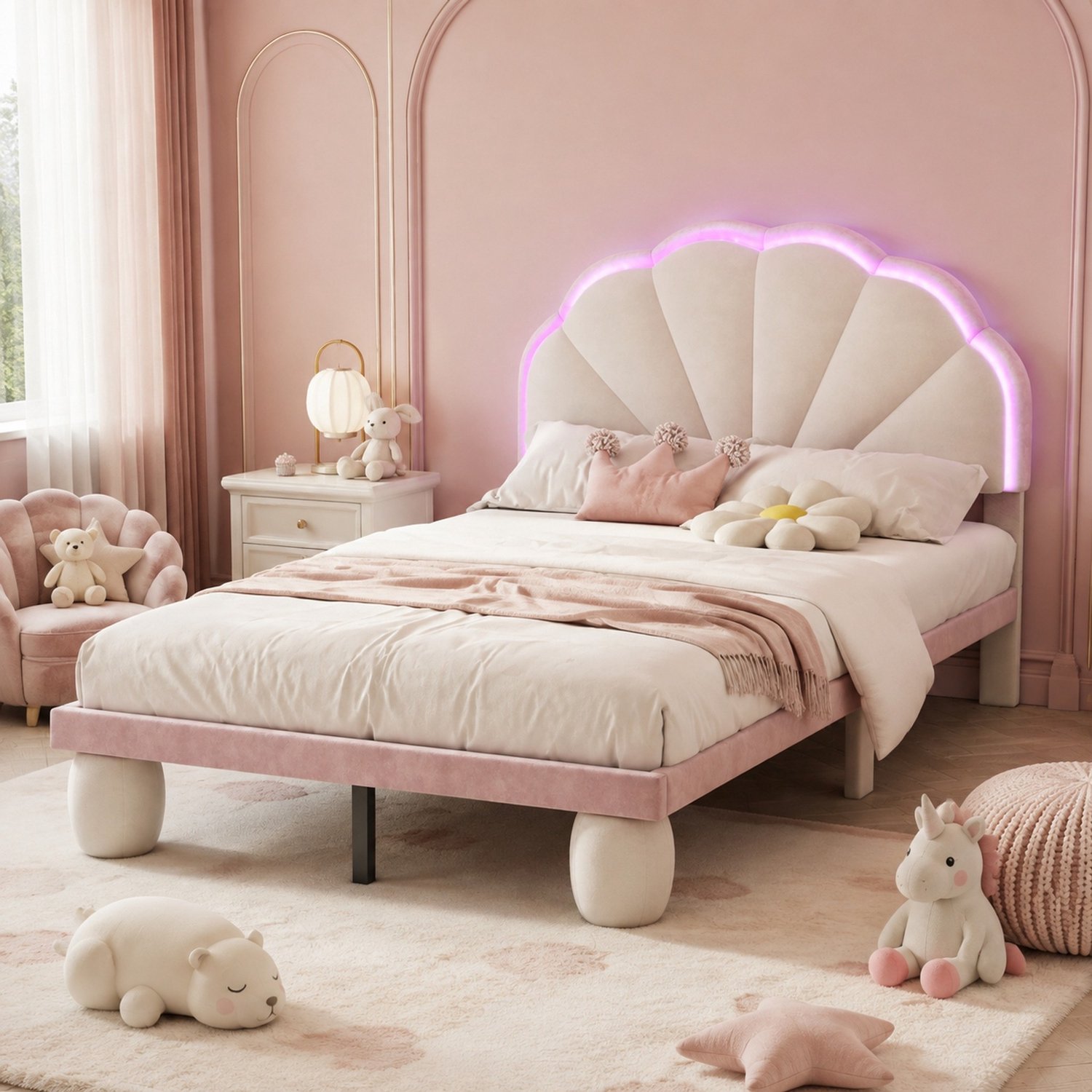 CHICFURN Kinderbed 90x200 cm - LED-verlichting - lattenbodem - beige en roze