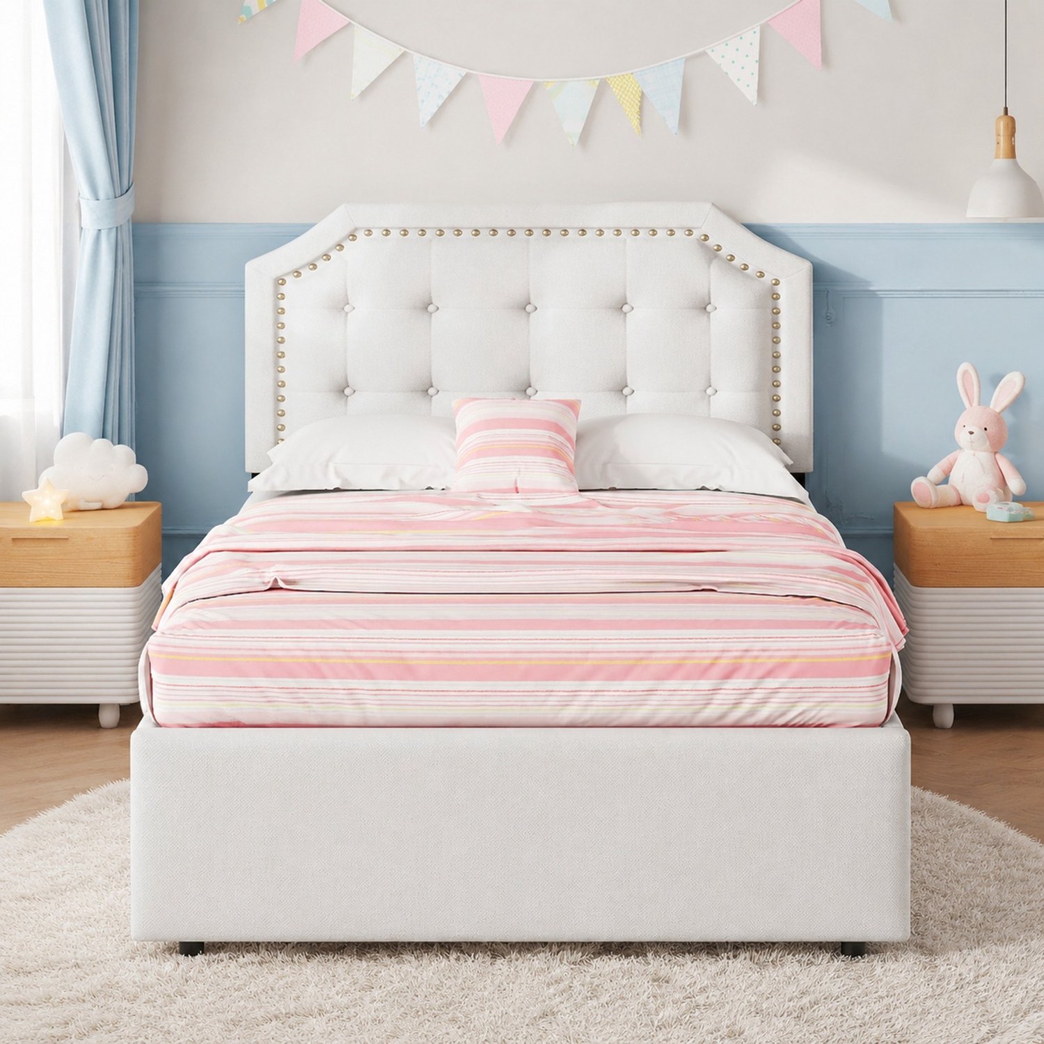 CHICFURN Gestoffeerd Eenpersoonsbed 90 x 200 cm - 2 Opberglades - Lichtbeige