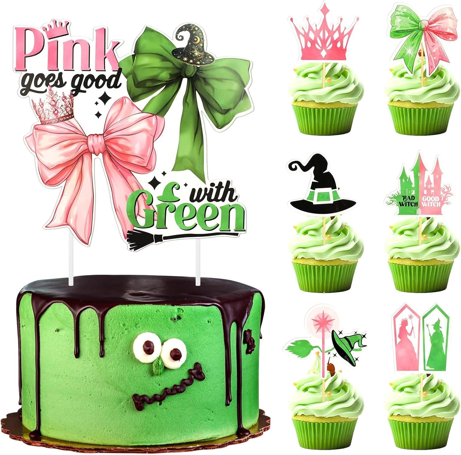 25 stuks heksentaarttoppers, magische thema taartdecoraties, roze en groene taartdecoraties, prinsessenvloeg, cupcaketoppers voor Halloween, verjaardagsfeestdecoratie