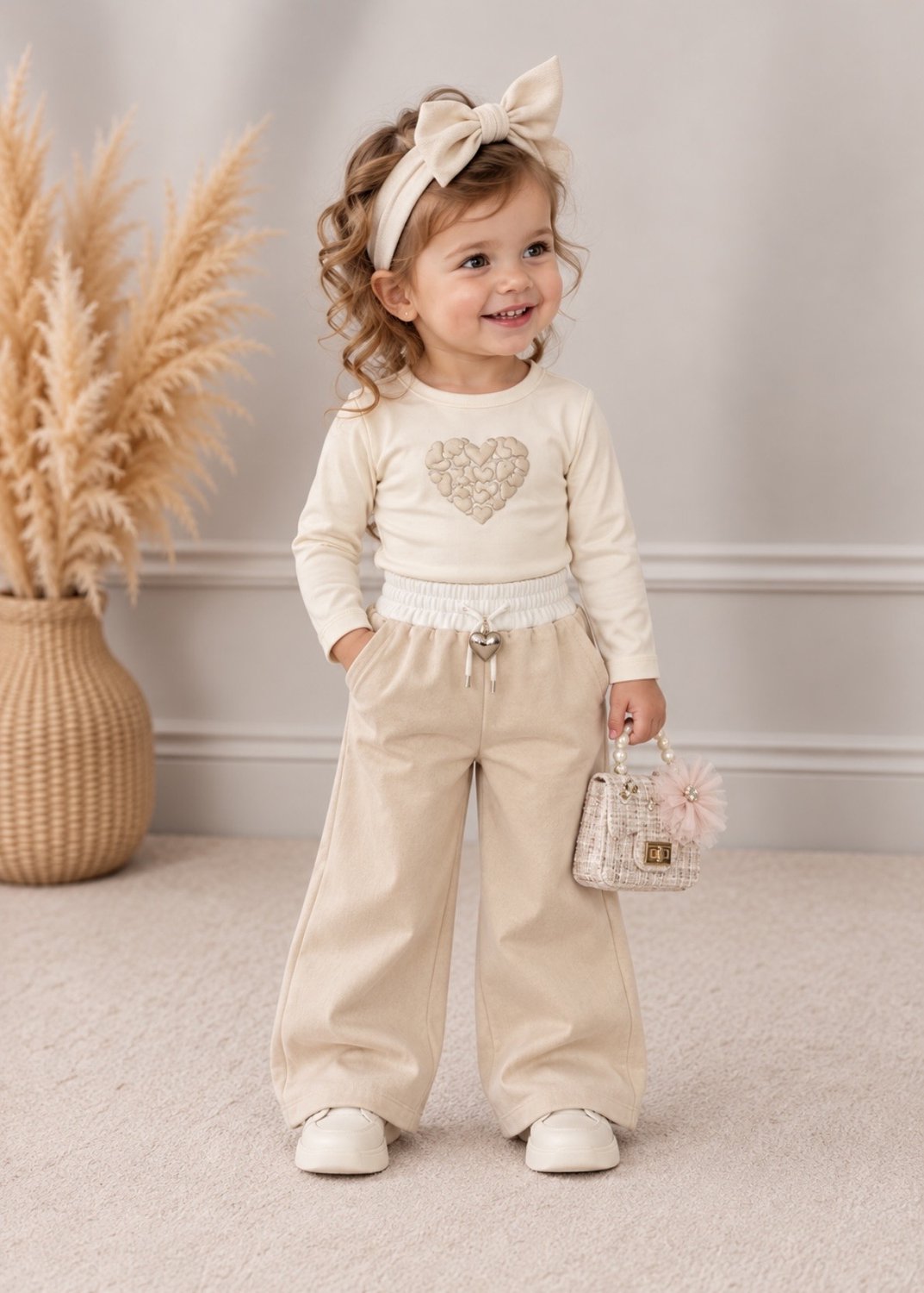 Baby Meisjes Set 2-Delig – Beige Crème – Longsleeve met Hartje & Wijde Broek – Comfortabele Baby Outfit - maat 80